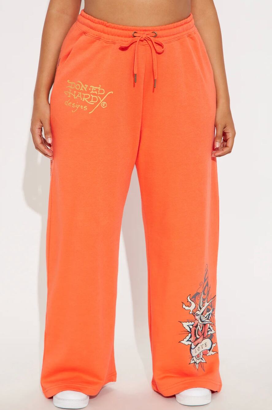 Ed Hardy Orange Coral Wide Leg Sweatpants Tattoo Loungewear 2000s Y2K Indie XL